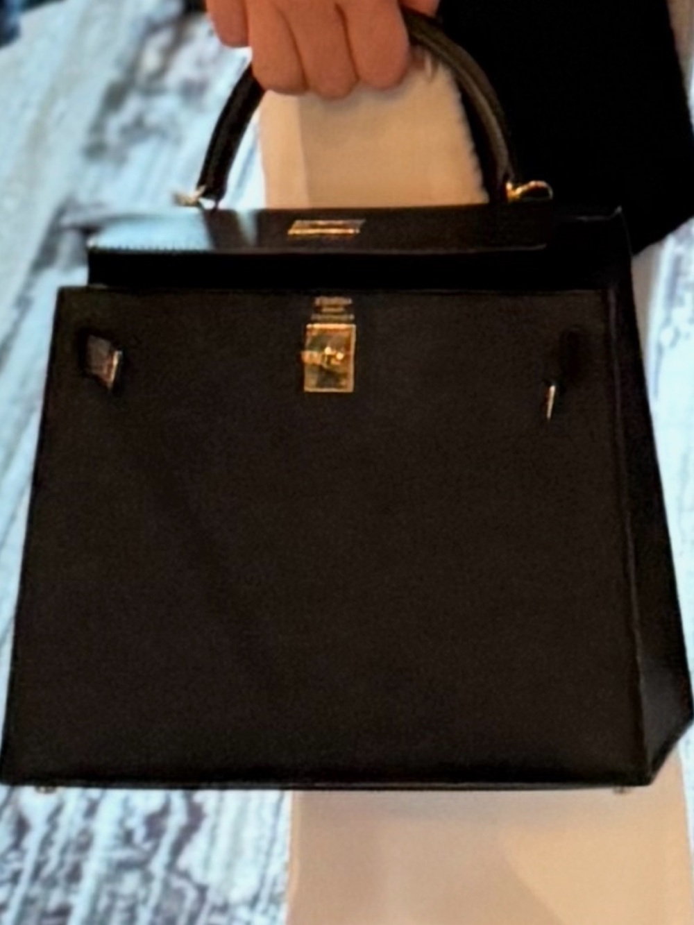 Hermes kelly 25 inch Black Top-Handle Satchel with Gold Hardware